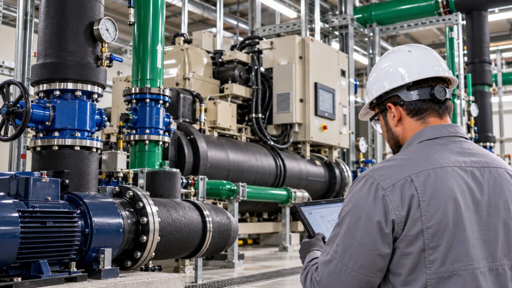 Técnico de manutenção inspecionando chiller, bombas e tubulações em uma central de água gelada industrial