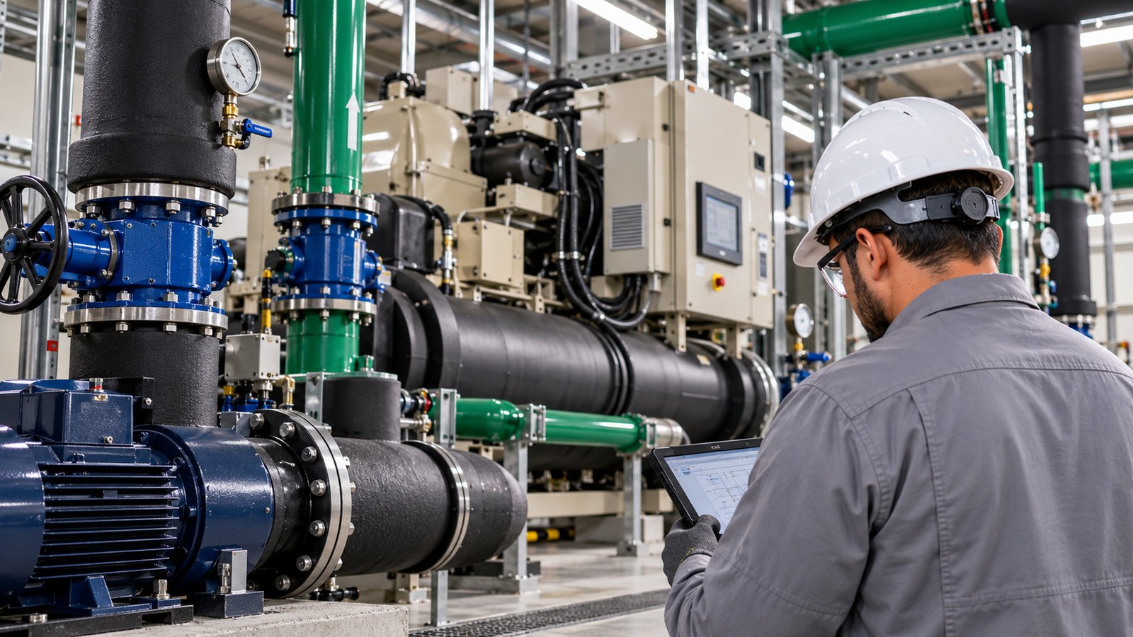Técnico de manutenção inspecionando chiller, bombas e tubulações em uma central de água gelada industrial